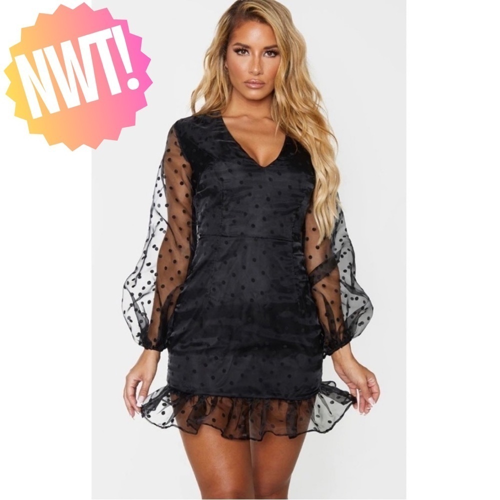 F033 PrettyLittleThing Black Polka Dot Organza Frill Hem Bodycon Dress